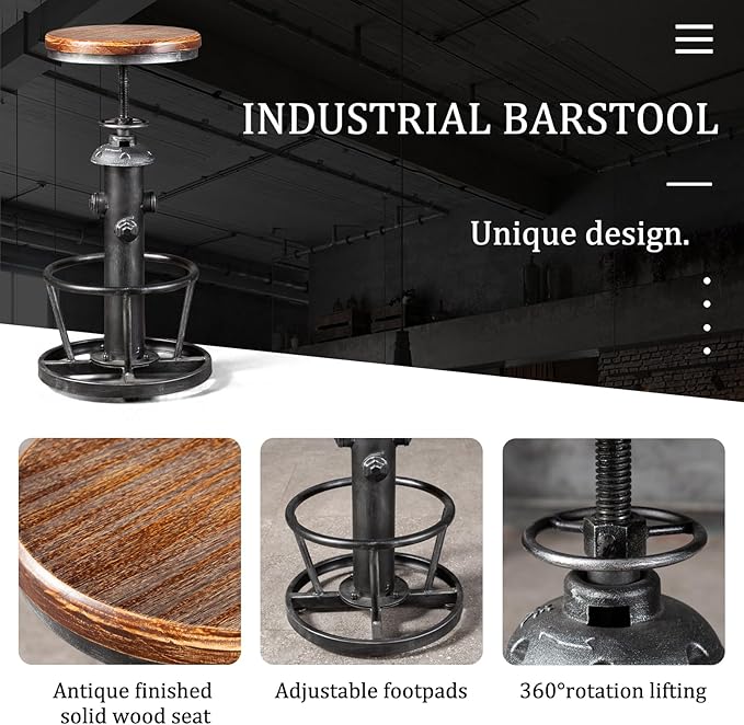 Topower Antique Industrial Round Bottom Adjustable Height Cafe Coffee Retro Vintage Stylish Water Pipe Design Pub Kitchen Bar Stool (Silver, Wooden Top)