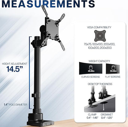 VIVO Clamp-on Single Ultra Wide Monitor Desk Mount, Low Profile Heavy Duty Adjustable Stand for 1 Ultrawide Screen up to 57 inches, 59.4 lbs Capacity, Black, STAND-V157C