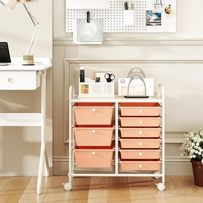 COSTWAY Rolling Storage Cart with 9 Drawer, Mobile Utility Cart with Metal Frame, Art Supply Craft Organizer, Multipurpose Storage Organizer for Paper, Office, School Teacher, Classroom, Peach