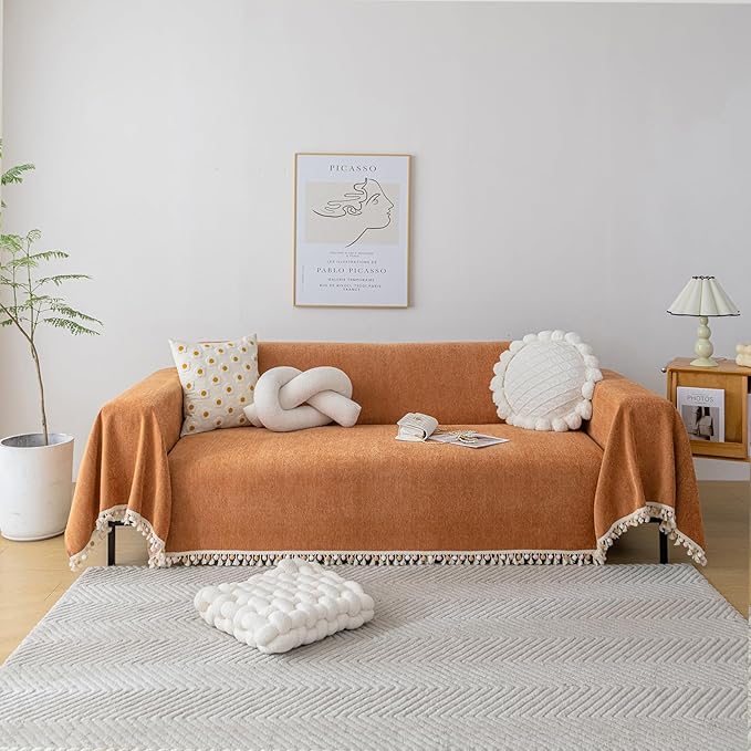 HANDONTIME Dark Orange Sofa Covers Couch Cover for Dogs Colorful Tassel Sofa Seat Cover Lovetseat Cover Pet Couch Cover Bohemian Sofa Cover for Couch Vintage Boho Couch Covers Futon Cover, 91" X150"