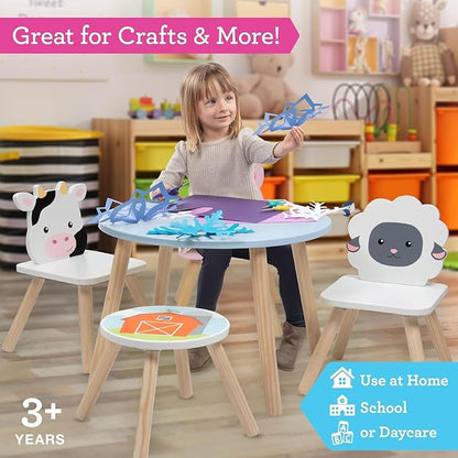 Kids Wooden Animal Table & Chair Set w 4 Seats- Cow Pig Sheep Plus Adult Stool for Arts Crafts, Dining, Pretend Play- Durable Playroom Furniture for Home, Daycare Classroom- Toddler Children Gift