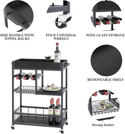 Bar Cart with Basket 3 Tiers Home Rolling Wine Rack with Wheels Mobile Kitchen Industrial Vintage Style Wood Metal Serving Trolley Serving Cart,Black Frame Home Kitchen Shelf for Party