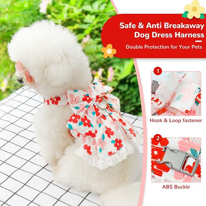 Dog Harness Dress Leash Set for Small Dog Summer Clothes Girl Female Puppy Cats Outfits Cute Floral Bowknot Princess Birthday Dress for Extra Small Pet Doggie Kitten Outfits Apparel(Red,S)