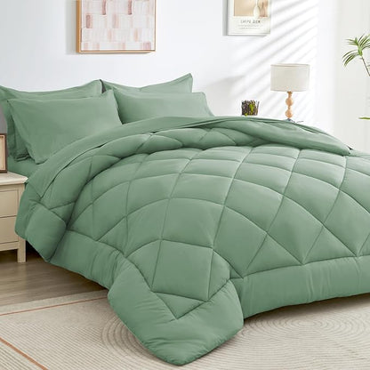HEVUMYI Light Green Queen Comforter Set - 7-Piece All Season Bed in a Bag Queen, Ultra Soft Bedding Set with Comforter, Flat Sheet, Fitted Sheet, Pillowcases, Pillow Shams
