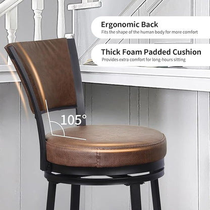 Bar Stools, Counter Height Barstools Set of 2, 25" Faux Leather Metal Round Swivel Bar Chairs with Back, Modern Upholstered Counter Stools for Kitchen Island, Brown