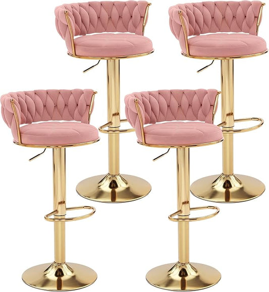 VECELO Bar Stools Set of 4, Adjustable Counter Height Barstools with Back & Arm Rest, Velvet Woven Kitchen Island Stools with Gold Metal Leg & Base, 360 Swivel, Pink