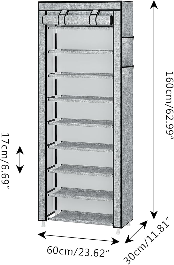 Calmootey 9 Tier Shoe Rack Organizer,Portable Shoe Shelf with Nonwoven Fabric Cover for Closet Hallway,Bedroom,Entryway, Ash Grey