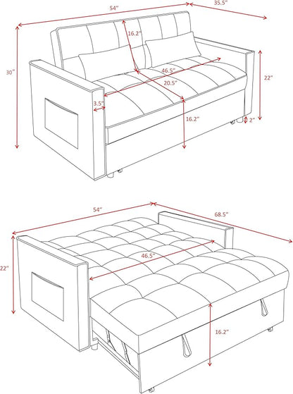 3 in1 Sofa Bed, Pull-Out Sleeper Sofa Bed with 3-Level Adjustable Backrest, Velvet Fabric Convertible Love Seat Sleepers Beds for Living Room & Bedroom & Apartment, Blue