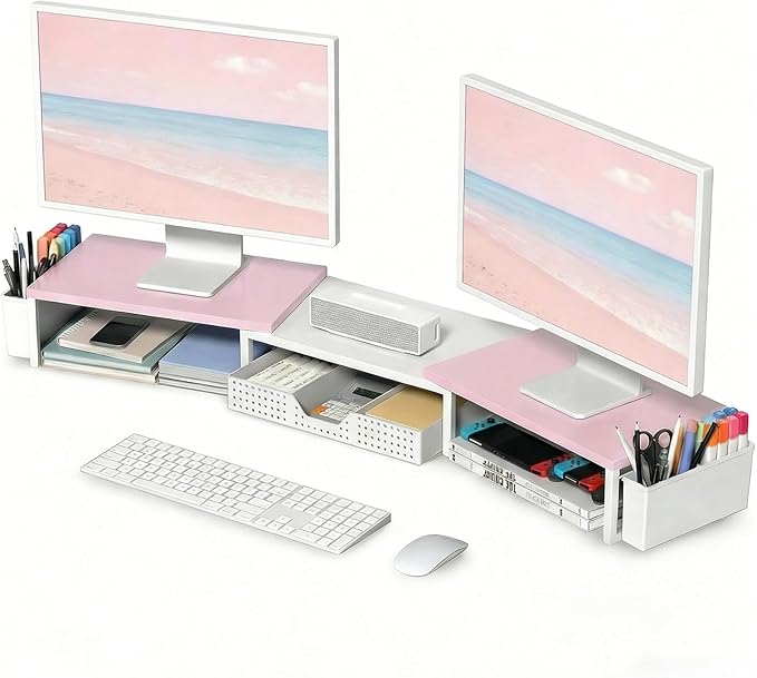 OPNICE Wood Desk Organizers and Accessories, Dual Monitor Stand Riser with Drawer and 2 Pen Holders, Desk Shelf Computer Racks for Office Workspace Organizers, Desktop Organization (Pink＆ White)