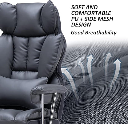 Efomao Big and Tall Office Chair with Footrest, 400LBS PU Leather High Back Executive Office Chair with Lumbar Support, Wide Computer Chair for Home Office, Dark Grey