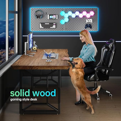 Solid Wood Computer Desk Study Office Desk 55" Writing, Modern Simple Style PC Table, Black Metal Frame, Solid Wood Planks 55" D x 27" W x 29" H for Home Office Bedroom,Rustic Brown