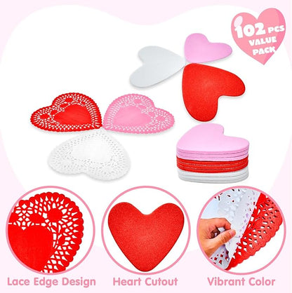 JOYIN 102 PCS Valentines Day Glitter and Foam Heart Doilies, Tableware Decoration, Home Activitie, Red White Pink Heart Doilies, Kitchen Disposable Table Crafts