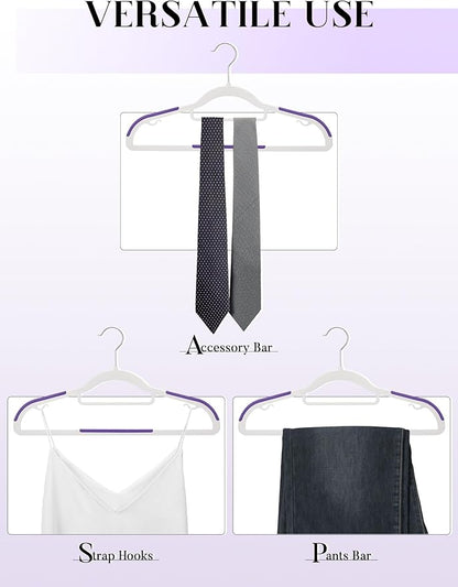 HOUSE DAY Plastic Hangers 100 Pack, White Clothes Hangers with Non Slip Purple TPR Grip, Heavy Duty Coat Hanger with 360º Swivel Hook, Slim Hanger Space Saving for Closet, Ideal for Shirt, Suit, Pant