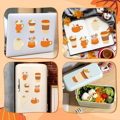 72pcs Fall-Theme Latte Sticky Notes & Pens & Ribbons Set, Cute Pumpkin Fall Element Latte Pastel Notepads Gift, Self-Stick Memo Pad for Thanksgiving Appreciation Back to School Party Favor