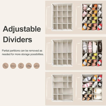 Shoe Organizer for Closet, Foldable Shoe Box with Adjustable Dividers and Clear Cover, Space Saving Shoe Storage Organizer Cabinet with Reinforced Handles, Fits 16 Pairs, Beige TP09Y