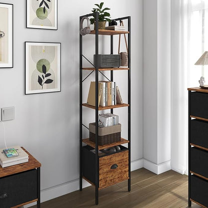 5 Tier Bookshelves,Tall Narrow Bookcases with Shelves, Bookcase Storage Organizer,Industrial Bookshelf with Drawer,Display shelves for Living Room, Bedroom ,Kitchen and Office, Rustic Brown