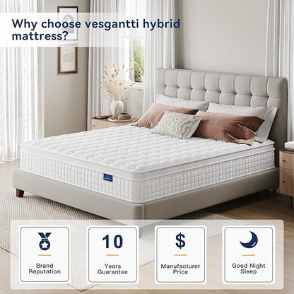Vesgantti 10 Inch Multilayer Hybrid King Mattress - Multiple Sizes & Styles Available, Ergonomic Design with Memory Foam and Pocket Spring, Medium Firm Feel, White