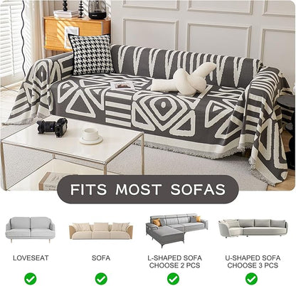 STACYPIK Boho Dark Grey Couch Cover, Soft Reversible Chenille Sofa Cover for Dog, Anti-Slip Pet Protector for 3 Cushion Couch, Washable Loveseat Couch Cover for Sectional, Decorative Blanket-71X134IN