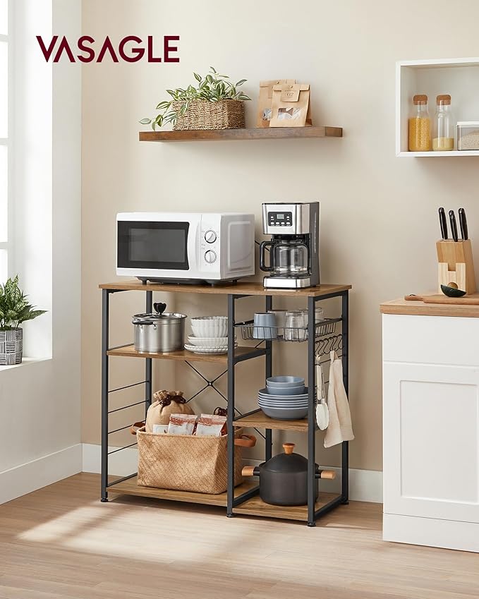 VASAGLE ALINRU Kitchen Baker’s Rack, Coffee Bar, Microwave Oven Stand, with Steel Frame, Wire Basket, 6 Hooks, for Mini Oven, Spices Utensils, Industrial, Rustic Walnut and Black UKKS090B41