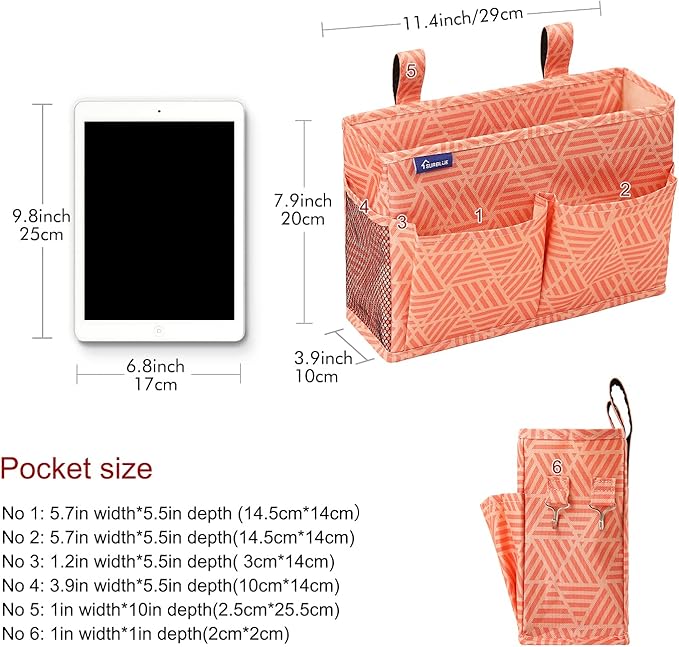 Surblue Bedside Caddy Hanging Bed Organizer Storage Bag Pocket for Bunk and Hospital Beds, College Dorm Rooms Baby Bed Rails,Camp Chiars，Wheelchair Side Bag，4 Pockets and 2 Hooks (Orange Plaid)