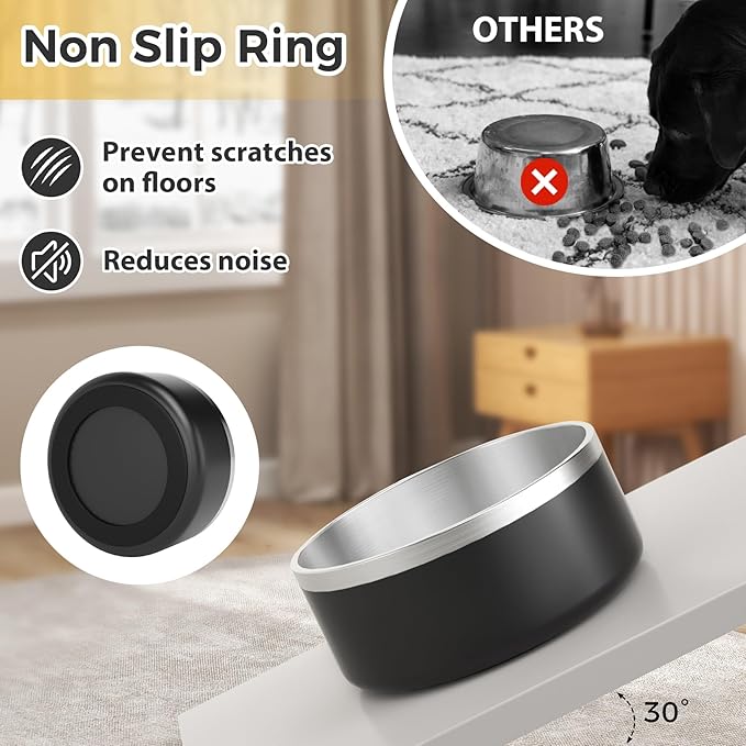 Stainless Steel Dog Bowl, Metal Water and Food Dish for Large Dogs, Insulated Non-Slip Pet Bowl, Easy Clean, 64oz, Black