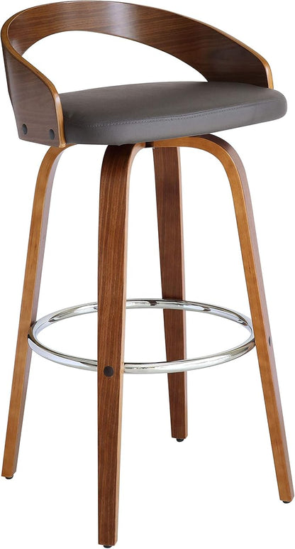 Armen Living Sonia 30" Bar Height Swivel Gray Faux Leather and Walnut Wood Bar Stool