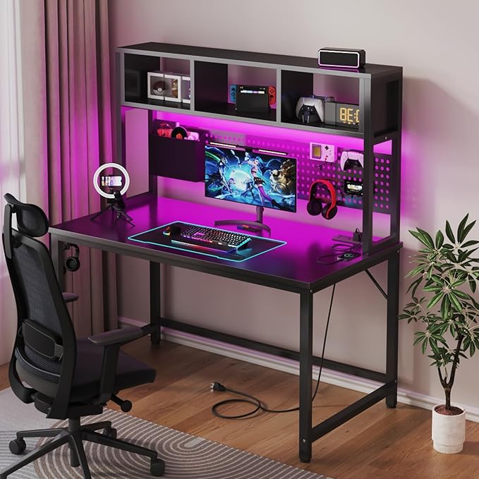 Black Gaming Desk with Hutch and Pegboard - 47 Inch Gaming Desk with Shelves Storage Power Outlets, Computer Teen Work Study Writing Desks for Bedroom Home Office