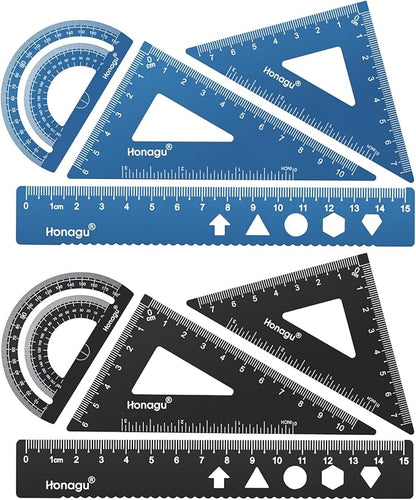 Honagu Triangular Ruler Set, 2 Set/8 Pieces Aluminum Alloy Ruler, Metal Drafting Ruler, Geometric Protractor for Students, Draftsmen, Engineers, School Office Supplies(15cm/5.9inches, Deep blue+Black)