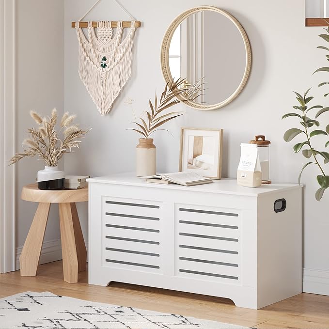 DINZI LVJ Storage Chest, Flip-Top Wooden Toy Box with 2 Safety Hinges, Retro Entryway Shoe Storage Bench, Sturdy Large Storage Trunk for Living Room, Bedroom, Easy Assembly, White