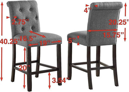 Roundhill Furniture Hendley Solid Wood Tufted Counter Height Stools, Set of 2, Gray