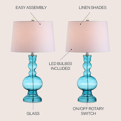 JONATHAN Y 28.5" Blue Glass Table Lamp Set of 2 for Living Room Bedroom Decor, Modern Bedside Lamps with White Linen Shade, LED Bulbs Included JYL1061A-SET2