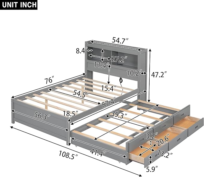 Full Size Pine Wood Platform Bed with Trundle,Drawers,2 Ports and 2 USB Plugs,Storage Bed with Pull Out Shelves,No Box Spring Needed,Perfect for Adults,Teens Bedroom Furniture,Gray