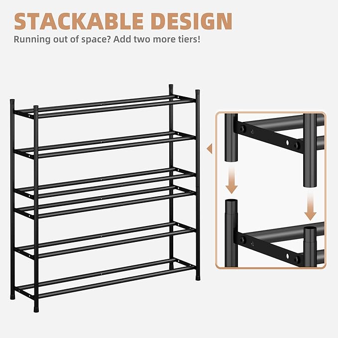 STORAGE MANIAC Long Expandable Shoe Rack, 18 Pairs Metal Wide Stackable Shoe Rack, Adjustable Shoes Shelf, Freestanding Shoes Organizer for Closet, Entryway, Hallway, Garage, Front Door, 3 Tiers