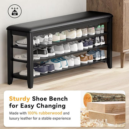 Shoe Bench Storage Rubberwood with Leather Cushion for Entryway Bench Ideal for Hallways Shoe Rack Front Doors Entrances Mudrooms Featuring 3 Height-Adjustable and Removable Shelves