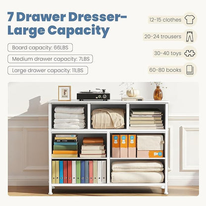 DUMOS TV Stand Dresser for Living Room Bedroom with 7 Fabric Drawer, Entertainment Center Chest Storage Organizer Units for Clothing, Closet, Cabinet, Living Room Furniture, White