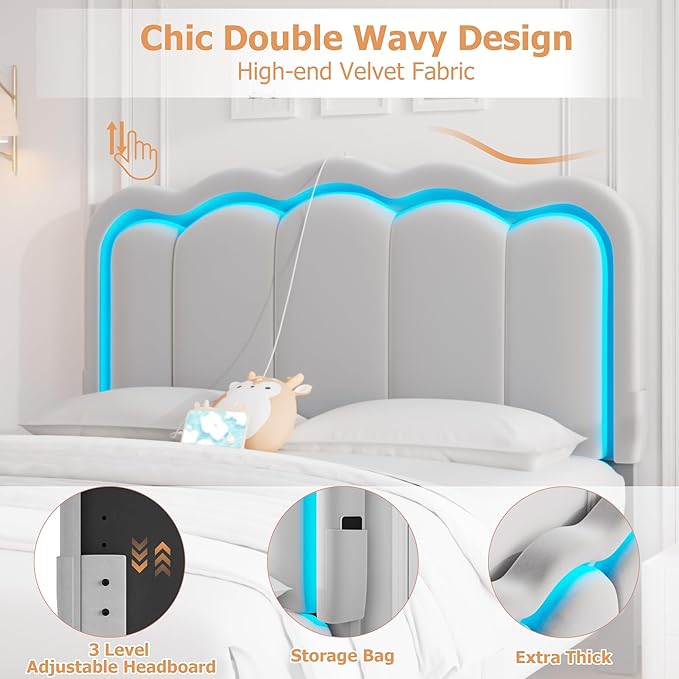 Full Upholstered LED Bed Frame with 2 Storage Drawers and Adjustable Chic Double Wavy Headboard, Velvet Prince Platform Bed with Charing Station, Solid Wood Slats Support,No Box Spring Needed,Grey