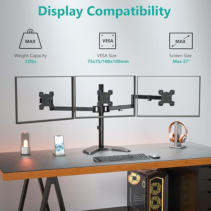WALI Triple Monitor Stand, Free Standing Three LCD Monitor Fully Adjustable Desk Mount Fits 3 Screens up to 27 inch, 22 lbs Weight Capacity per Arm (MF003), Black
