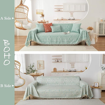 HANDONTIME Farmhouse Couch Cover Tassel Light Green Sofa Covers for Dogs Boho Décor Geometric Aztec Couch Cushion Cover Sofa Protector Cover Sectional Couch Covers for 3 Cushion Couch, 71" X150"
