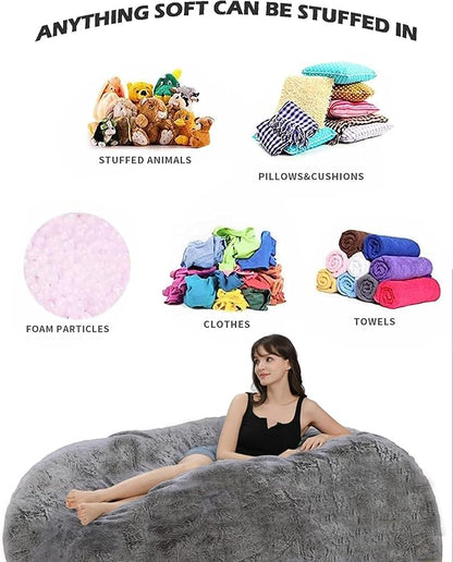 Bean Bag Chairs for Kids Comfy Fluffy Big Joe Bean Bag Chair Cover Without Filler Round Sofa Chairs for Bedroom Living Room Decor, 5FT, White