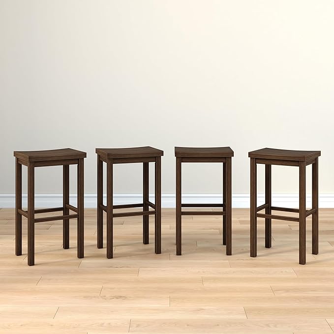 Grain & Grove Smith Collection Set of 4 Solid Wood Bar Stools, 30 inch Saddle-Seat Bar Chairs, Backless, Heavy-Duty Construction, Footrest Support, for Kitchen Islands, Home Bars, and Counters, Walnut