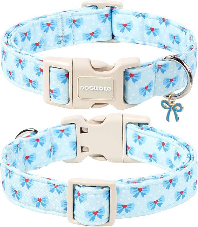 DOGWONG Blue Dog Collar, Cute Blue Boy Dog Collar Adjustable Soft Male Female Pet Dogs Collar Bowtie Printed Dog Collars for Small Medium Dogs