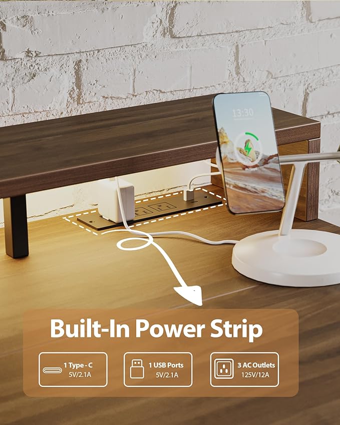 Electric Height Adjustable Standing Desk with Power Outlet and LED Light Strip, Sit to Stand, Ergonomic 48x24 Rising Desk with Memory Presets, Home Office Workstation, Computer Gaming Table, Walnut