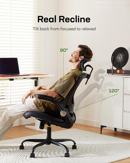 Marsail Office Chair Ergonomic Desk Chair, 360°Swivel Mesh Back Wide Computer Chair PU Leather Criss Cross Chair,Adjustable Lumbar Support & Flip-up Armrests,Adjustable Height Executive Task Chair