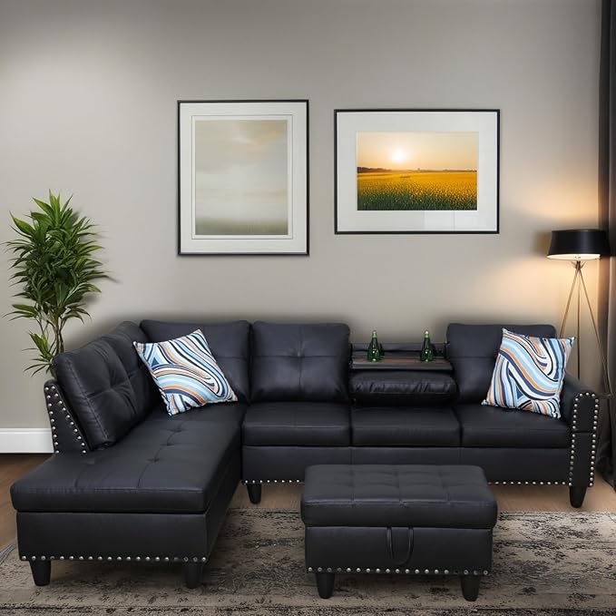 L Shaped Sectional Couches for Living Room, Modular 4 Seat Sofa with Ottoman Storage, Modern Couch with Chaise for Bedroom Apartment Furniture, Black