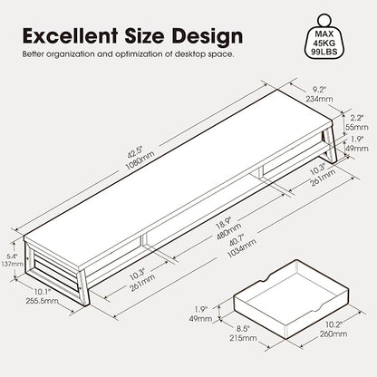 Fenge Dual Monitor Stand, Monitor Riser with Drawer, 42.5 Inch Large Computer Monitor Stand for 2 Monitors, 2 Tier Wooden Desk Shelf for Top of Desk