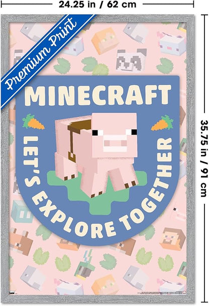 Trends International Minecraft - Let's Explore Together Wall Poster, 34L x 22.4W, Gray Framed Version