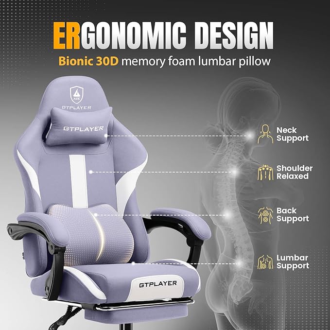 GTRACING Gaming Chair with Foot Rest & Pocket Spring Cushion, Breathable Fabric for Home Office Desk, Ergonomic High Back Computer Chair with Headrest & Lumbar Support, Lavender Purple