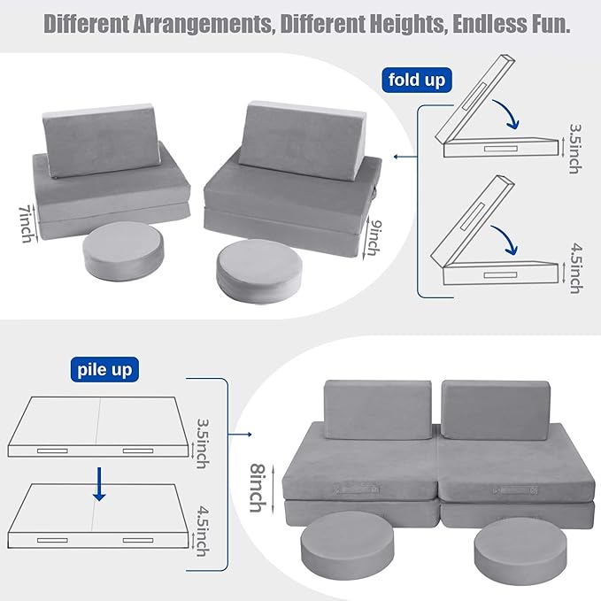 MeMoreCool Modular Kids Play Couch for Toddlers, Floor Foam Explorer Sofa with Building Fort Feature, Sectional Fold Out Block Couch for Playroom, Grey