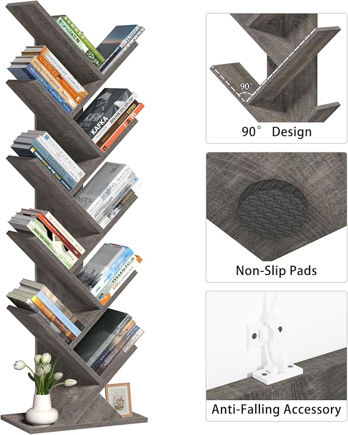 10 Tier Tree Book Shelf, Floor Standing Wood Bookshelf for Narrow Space, Storage Organizer Bookshelves for Books/CDs/Magazine, Bookcase with Shelves for Home Office, Living Room - Light Grey