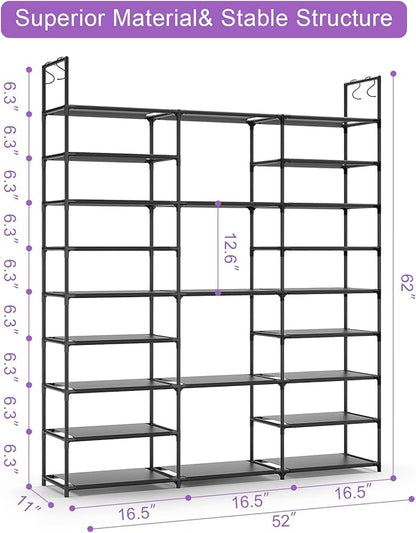 Kottwca Shoe Rack Organizer, Large Shoe Rack for Entryway Closet, Metal Shoe Shelf for Shoes and Boots, Big Non-Woven Fabric Shoe Storage Organizer with Hooks for Cloakroom, Black…